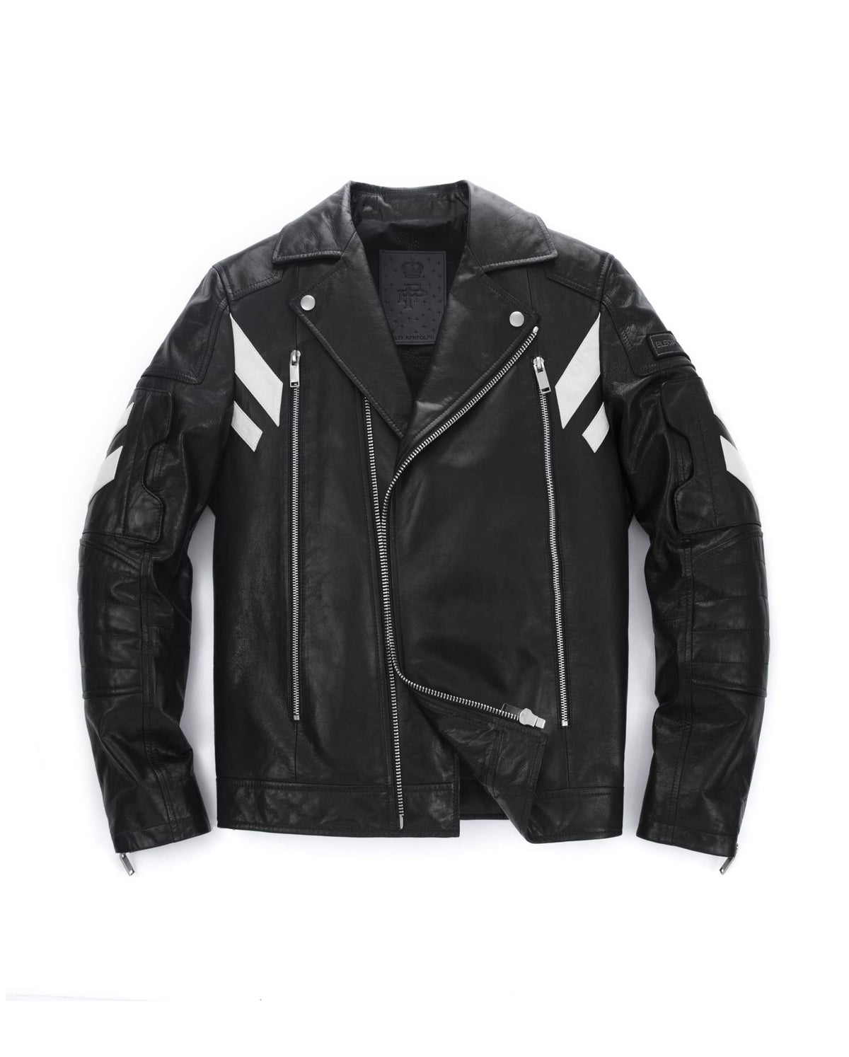 Black Embroidery Structured Quilted Leather Moto Biker Jacket