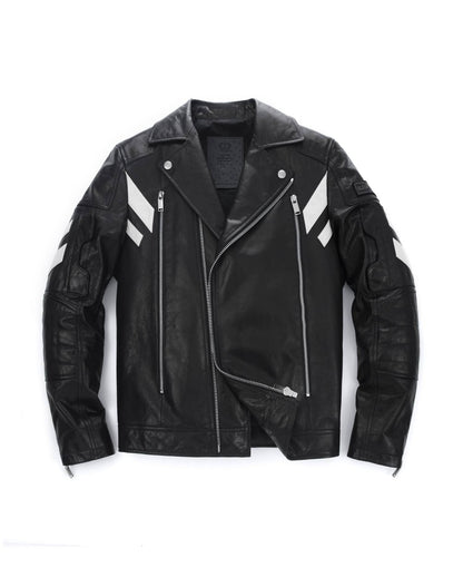Black Embroidery Structured Quilted Leather Moto Biker Jacket