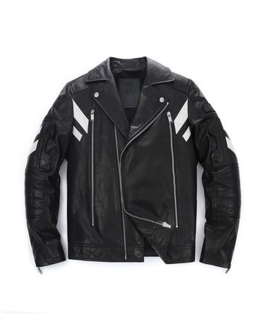 Black Embroidery Structured Quilted Leather Moto Biker Jacket
