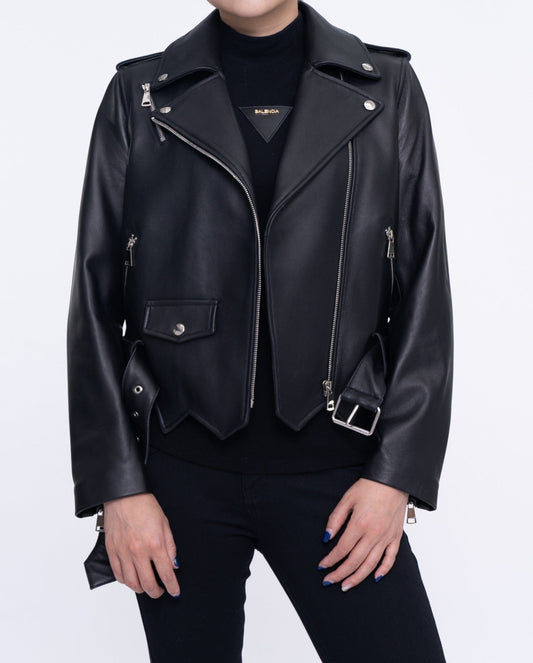 Classic Black Asymmetrical Cropped Leather Jacket