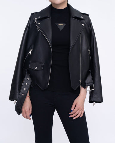 Classic Black Asymmetrical Cropped Leather Jacket