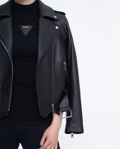 Classic Black Asymmetrical Cropped Leather Jacket