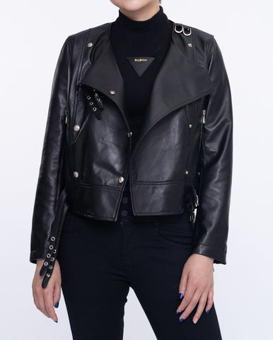 Black Belted Cropped Lambskin Leather Jacket