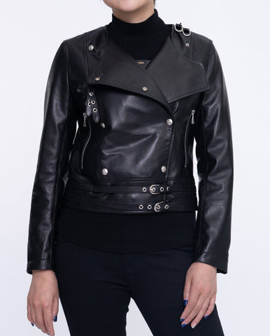 Black Belted Cropped Lambskin Leather Jacket