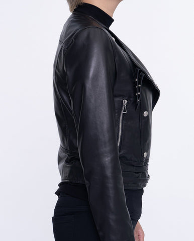 Black Belted Cropped Lambskin Leather Jacket