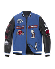 Black Blue Pattern Patched Lambskin Leather Varsity Bomber Jacket