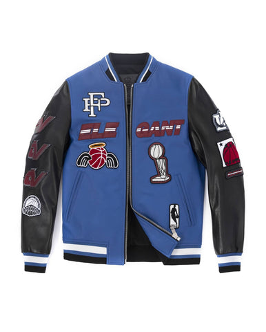 Black Blue Pattern Patched Lambskin Leather Varsity Bomber Jacket