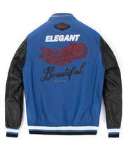 Black Blue Pattern Patched Lambskin Leather Varsity Bomber Jacket