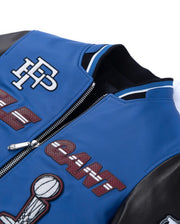 Black Blue Pattern Patched Lambskin Leather Varsity Bomber Jacket