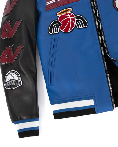 Black Blue Pattern Patched Lambskin Leather Varsity Bomber Jacket