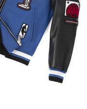 Black Blue Pattern Patched Lambskin Leather Varsity Bomber Jacket