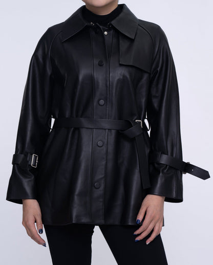 Women Black Button Down Belted Leather Trench Jacket