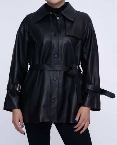 Women Black Button Down Belted Leather Trench Jacket