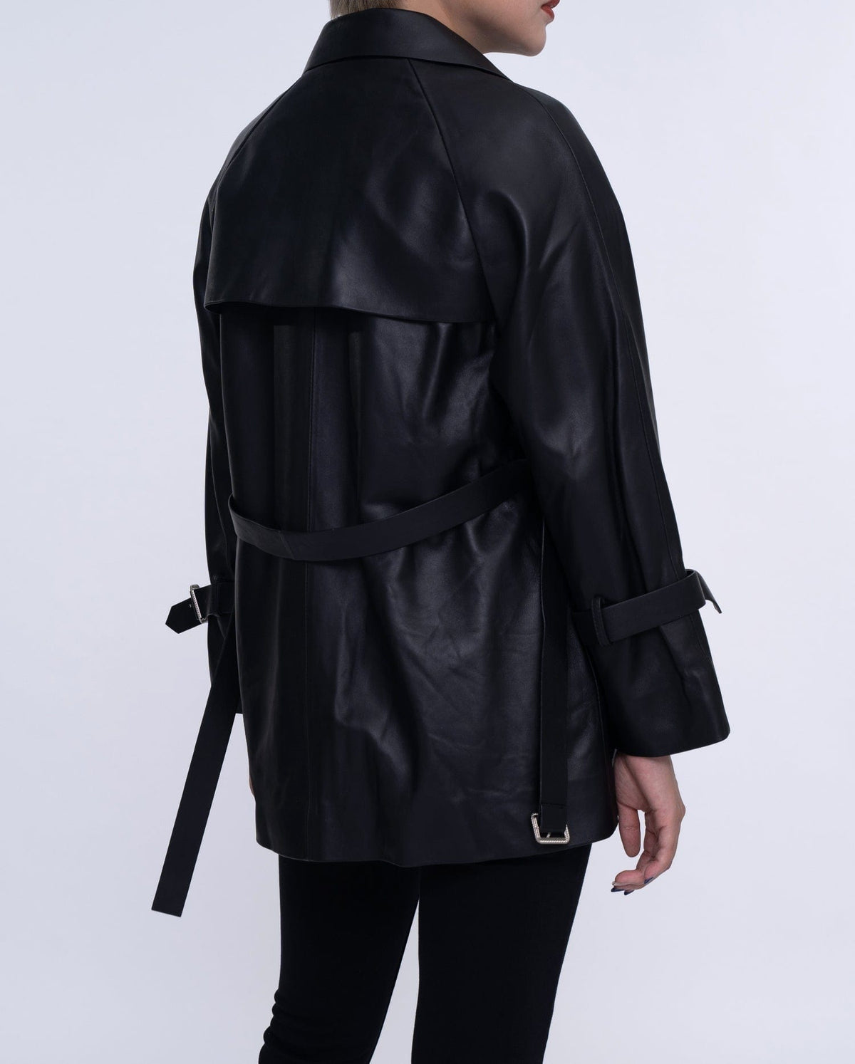 Women Black Button Down Belted Leather Trench Jacket