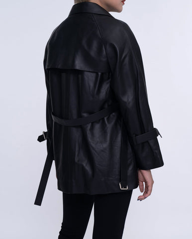 Women Black Button Down Belted Leather Trench Jacket