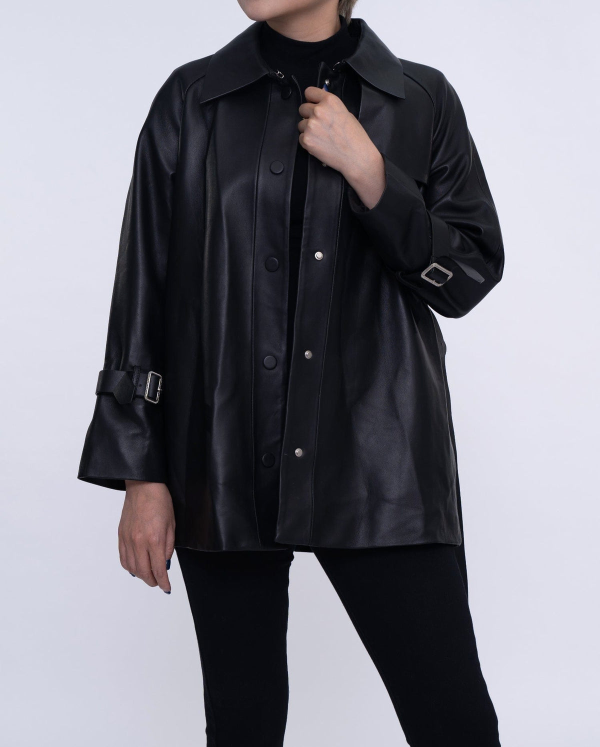 Women Black Button Down Belted Leather Trench Jacket