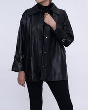 Women Black Button Down Belted Leather Trench Jacket