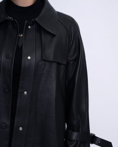 Women Black Button Down Belted Leather Trench Jacket