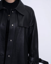 Women Black Button Down Belted Leather Trench Jacket