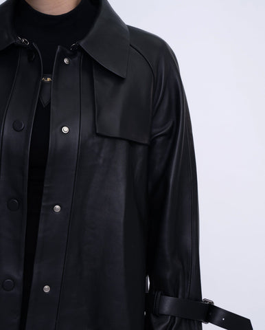 Women Black Button Down Belted Leather Trench Jacket