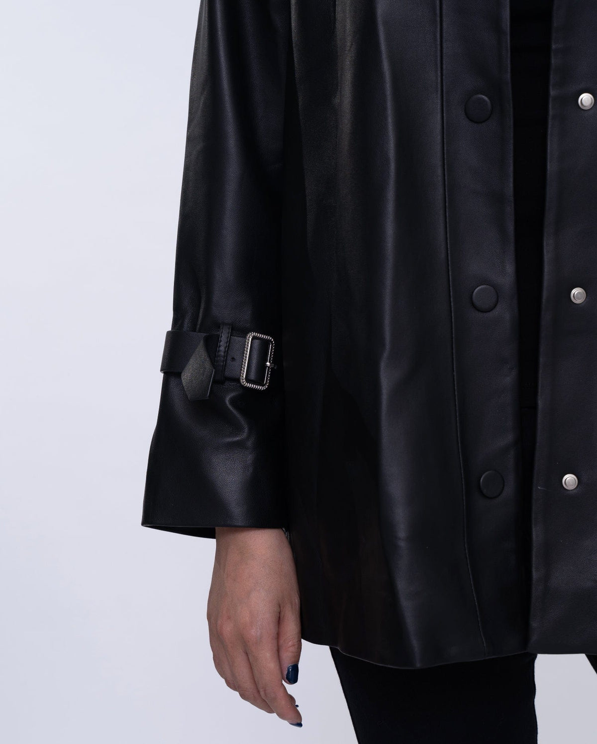 Women Black Button Down Belted Leather Trench Jacket