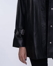 Women Black Button Down Belted Leather Trench Jacket