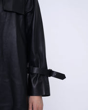 Women Black Button Down Belted Leather Trench Jacket