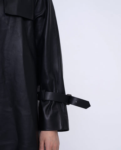 Women Black Button Down Belted Leather Trench Jacket