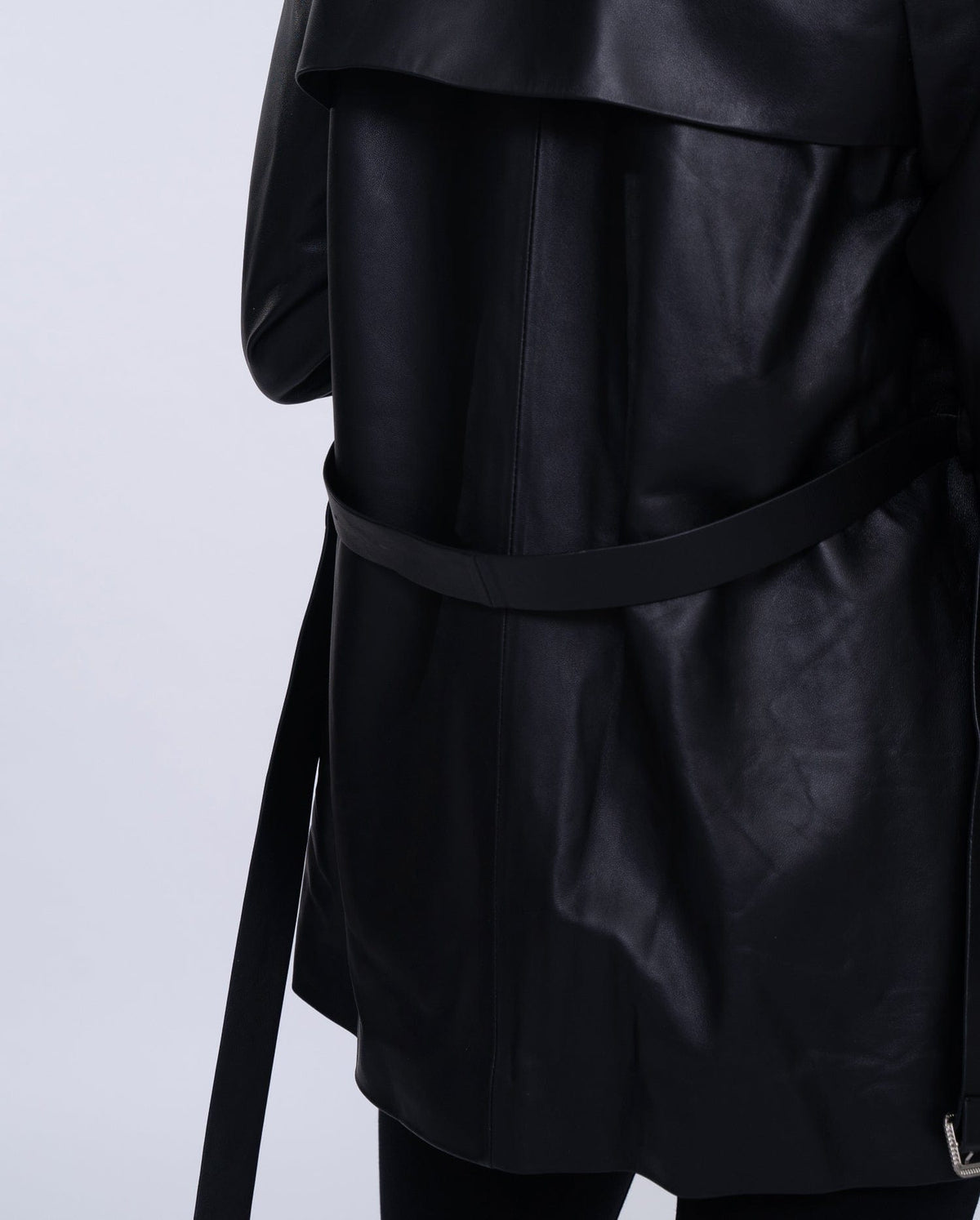 Women Black Button Down Belted Leather Trench Jacket