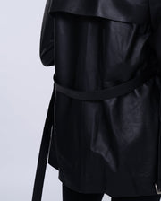 Women Black Button Down Belted Leather Trench Jacket