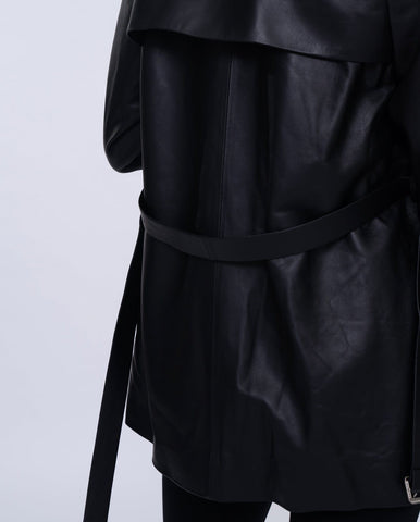 Women Black Button Down Belted Leather Trench Jacket