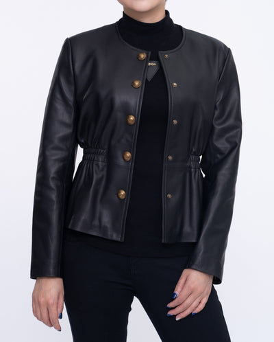 Button Up Collarless Cropped Leather Jacket Black