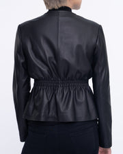 Button Up Collarless Cropped Leather Jacket Black