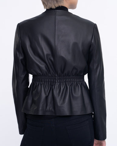 Button Up Collarless Cropped Leather Jacket Black