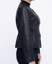 Button Up Collarless Cropped Leather Jacket Black