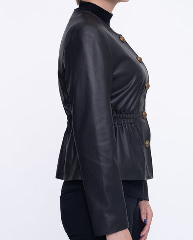 Button Up Collarless Cropped Leather Jacket Black