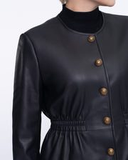 Button Up Collarless Cropped Leather Jacket Black