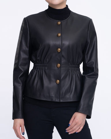 Button Up Collarless Cropped Leather Jacket Black