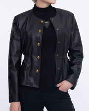 Button Up Collarless Cropped Leather Jacket Black