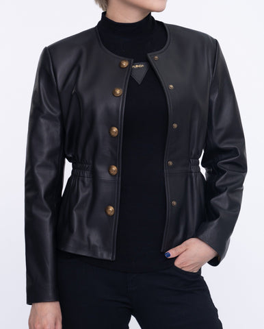 Button Up Collarless Cropped Leather Jacket Black