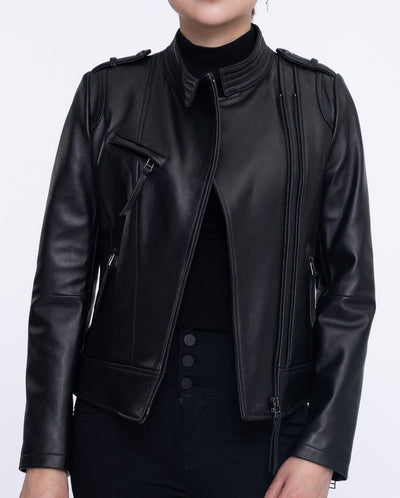 Woman's Black Cropped Leather Racer Jacket