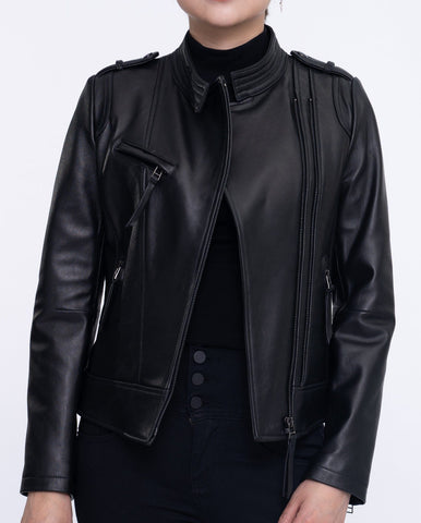 Woman's Black Cropped Leather Racer Jacket