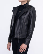 Woman's Black Cropped Leather Racer Jacket