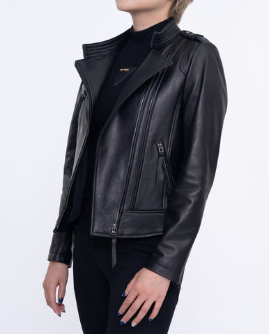 Woman's Black Cropped Leather Racer Jacket