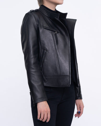 Woman's Black Cropped Leather Racer Jacket