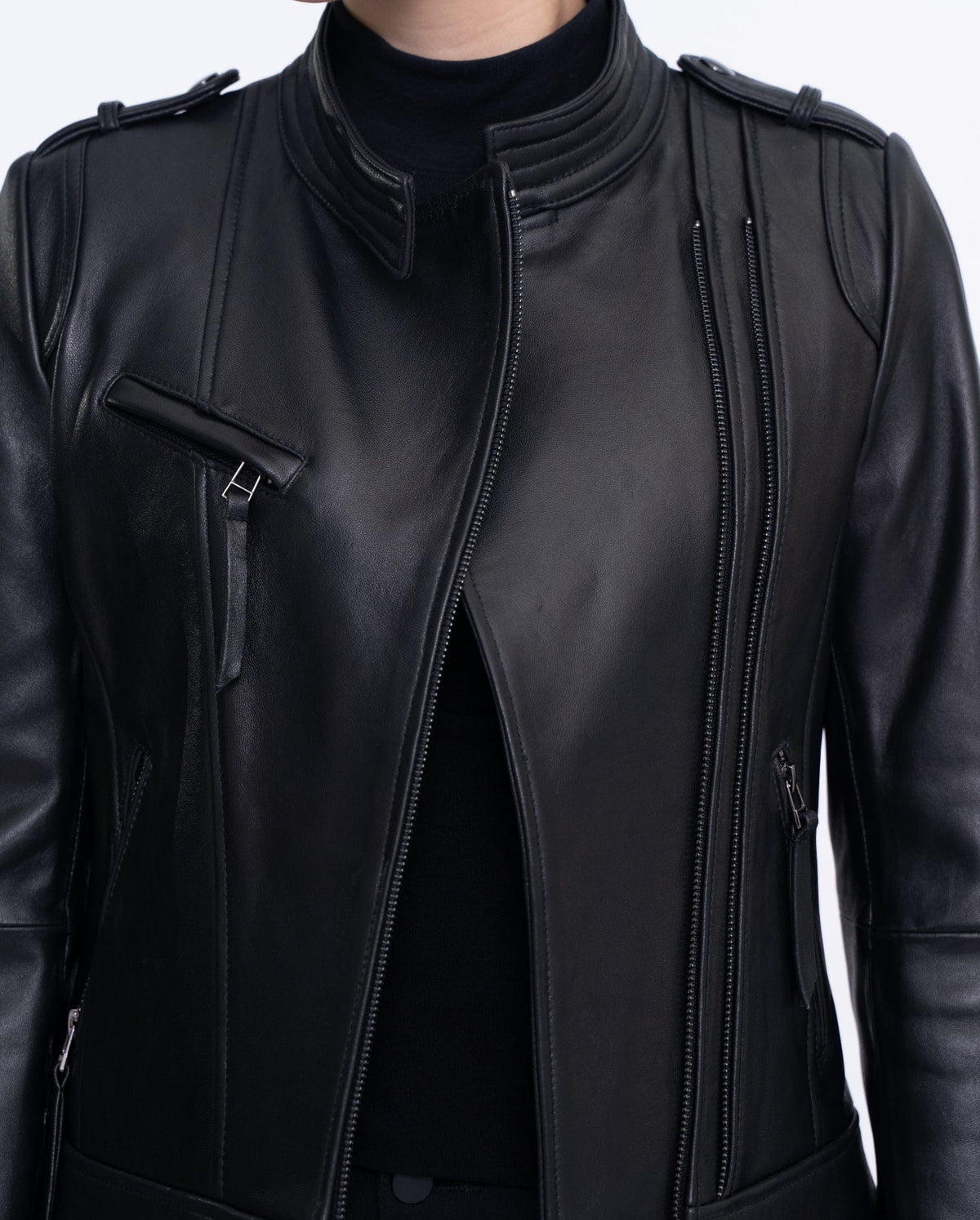 Woman's Black Cropped Leather Racer Jacket