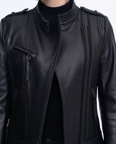 Woman's Black Cropped Leather Racer Jacket