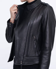 Woman's Black Cropped Leather Racer Jacket