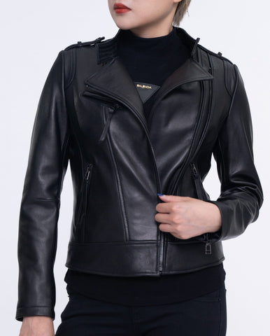 Woman's Black Cropped Leather Racer Jacket