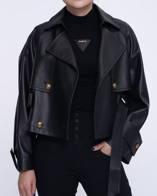 Black Cropped Short Leather Trench Coat